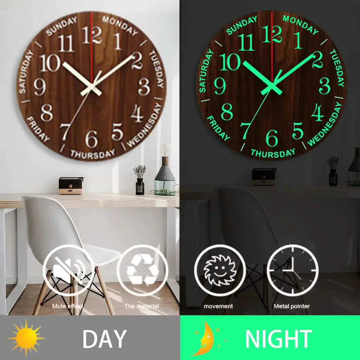 Garduru Leuchtende Wanduhr | Holzdesign | Geräuschlos | Nachtlicht | Nordischer Stil | Geschenkidee